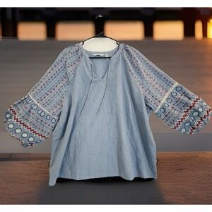 Canyon Retreat Blouse Womens 1X Blue Chambray Embroidered Balloon Sleeve Tunic